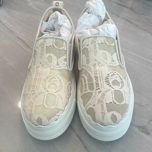 Chloé Lauren off white logo lace embroidered slip on sneakers
